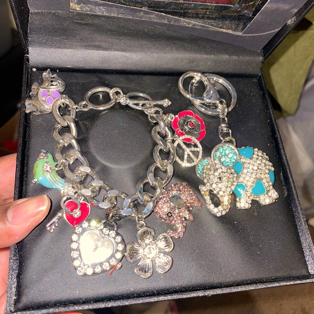 Figaro Couture Watch Rhinestone Elephants Bird Heart Flowers Charms Bracelet